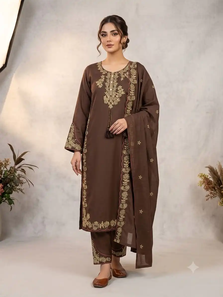 BE 473 Brown Color Roman Silk Salwar Suit with Embroidery Work. Available at ₹1999 only. Delivery 4-6 Working Days. Shop now. | Casual Suits, Jump Suits, Creative suits, Designer Suits, Palazzo Suits, Party Wear Suits, Patiala Suits, Salwar suit, Straight Suits