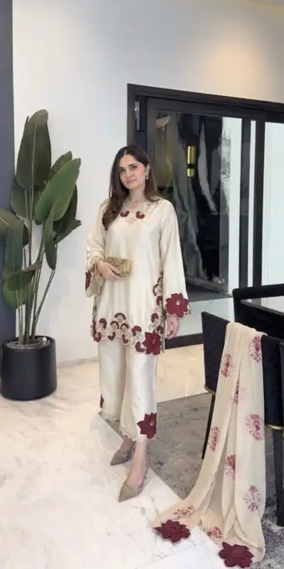 ZSR 3171 Cream Color Roman Silk Salwar Suit with Embroidery Work. Available at ₹2449 only. Delivery 4-6 Working Days. Shop now. | Casual Suits, Jump Suits, Creative suits, Designer Suits, Palazzo Suits, Party Wear Suits, Patiala Suits, Salwar suit, Straight Suits