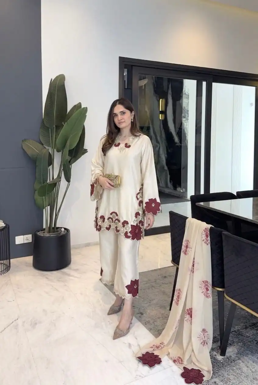 ZSR 3171 Cream Color Roman Silk Salwar Suit with Embroidery Work. Available at ₹2449 only. Delivery 4-6 Working Days. Shop now. | Casual Suits, Jump Suits, Creative suits, Designer Suits, Palazzo Suits, Party Wear Suits, Patiala Suits, Salwar suit, Straight Suits