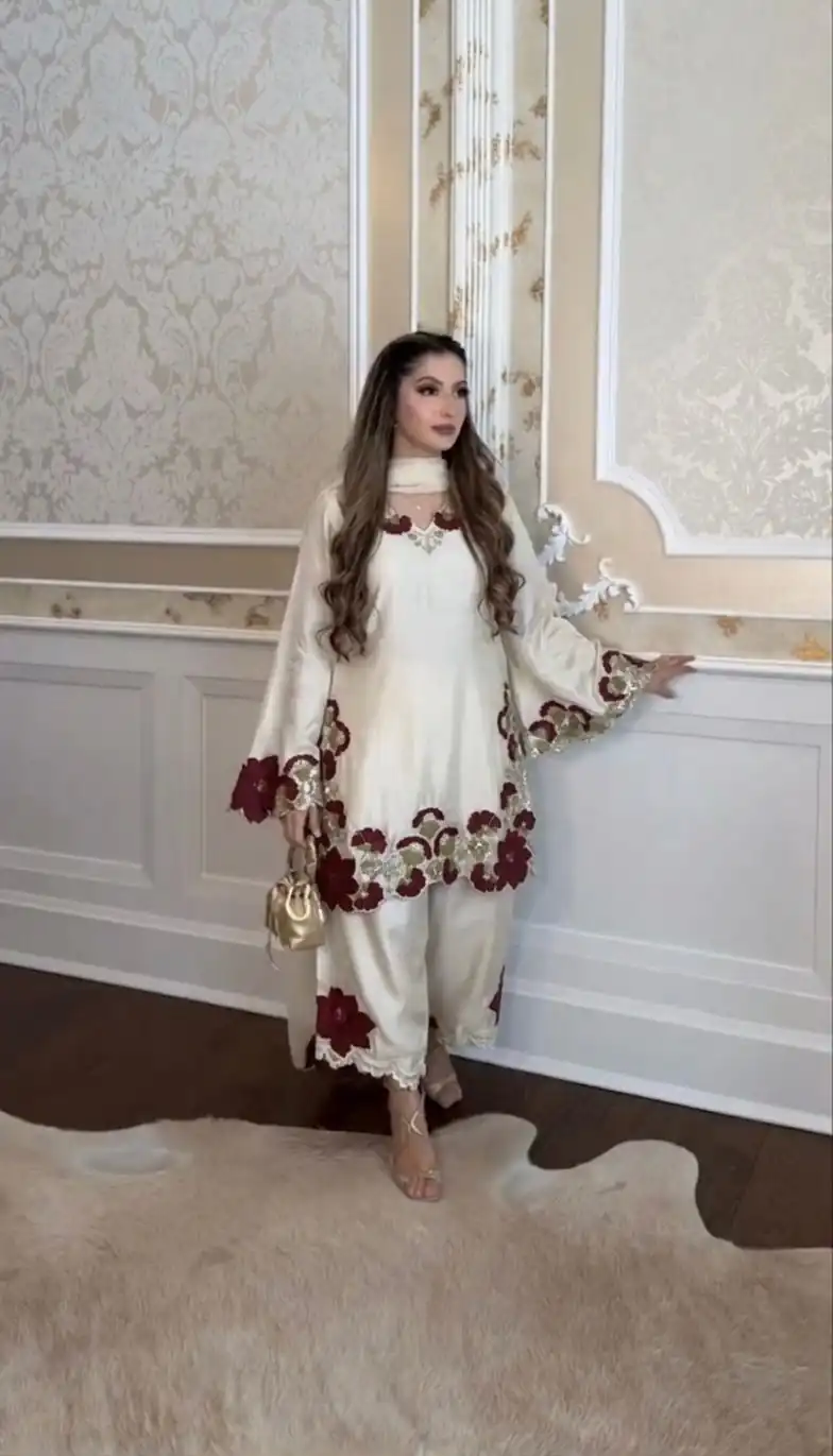 ZSR 3171 Cream Color Roman Silk Salwar Suit with Embroidery Work. Available at ₹2449 only. Delivery 4-6 Working Days. Shop now. | Casual Suits, Jump Suits, Creative suits, Designer Suits, Palazzo Suits, Party Wear Suits, Patiala Suits, Salwar suit, Straight Suits