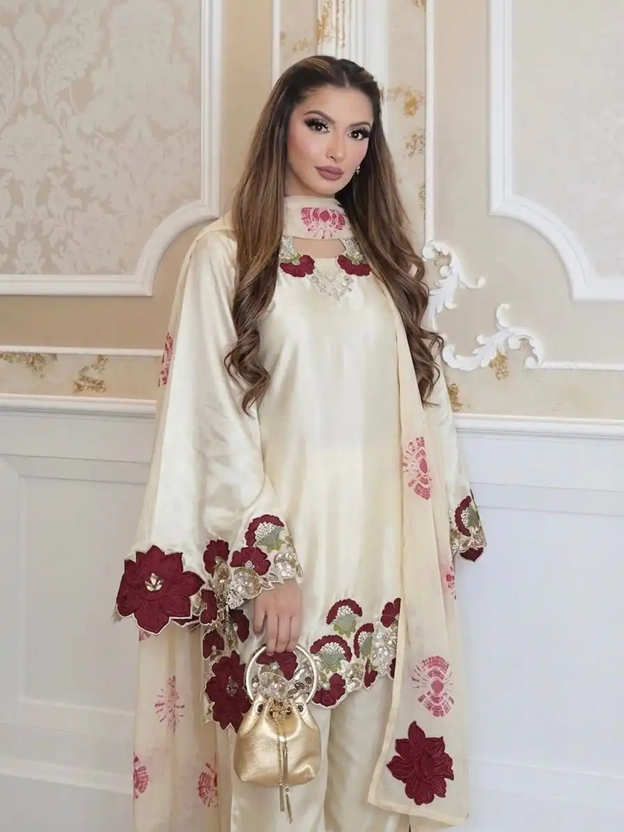 ZSR 3171 Cream Color Roman Silk Salwar Suit with Embroidery Work. Available at ₹2449 only. Delivery 4-6 Working Days. Shop now. | Casual Suits, Jump Suits, Creative suits, Designer Suits, Palazzo Suits, Party Wear Suits, Patiala Suits, Salwar suit, Straight Suits