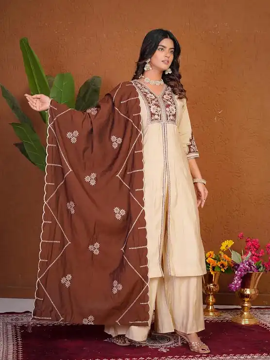 DIVA 152 Cream Color Roman Silk Salwar Suit with Embroidery Work. Available at ₹2399 only. Delivery 4-6 Working Days. Shop now. | Casual Suits, Jump Suits, Creative suits, Designer Suits, Palazzo Suits, Party Wear Suits, Patiala Suits, Salwar suit, Straight Suits