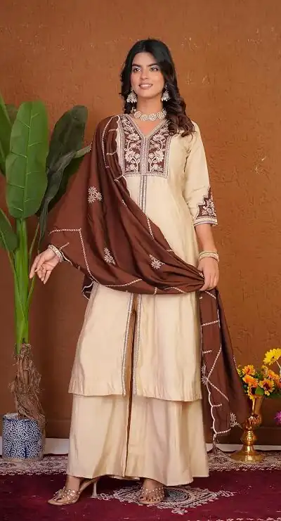 DIVA 152 Cream Color Roman Silk Salwar Suit with Embroidery Work. Available at ₹2399 only. Delivery 4-6 Working Days. Shop now. | Casual Suits, Jump Suits, Creative suits, Designer Suits, Palazzo Suits, Party Wear Suits, Patiala Suits, Salwar suit, Straight Suits