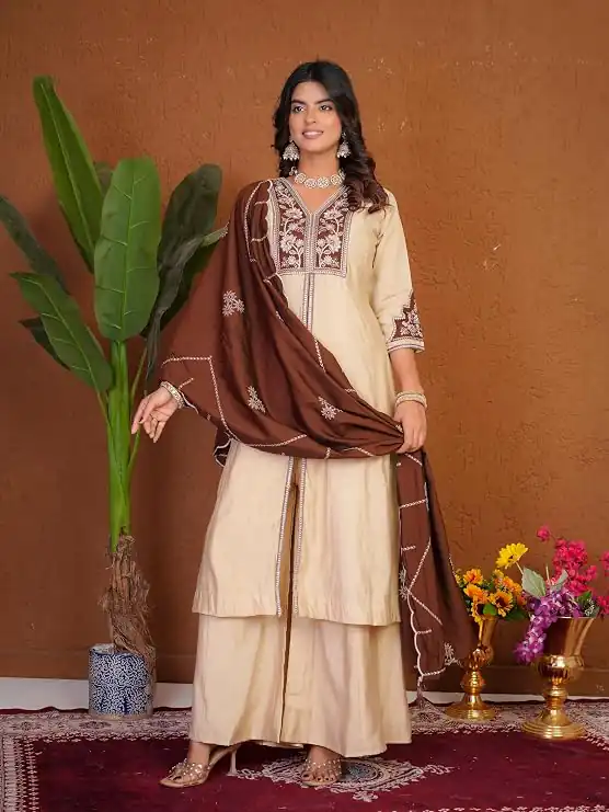DIVA 152 Cream Color Roman Silk Salwar Suit with Embroidery Work. Available at ₹2399 only. Delivery 4-6 Working Days. Shop now. | Casual Suits, Jump Suits, Creative suits, Designer Suits, Palazzo Suits, Party Wear Suits, Patiala Suits, Salwar suit, Straight Suits
