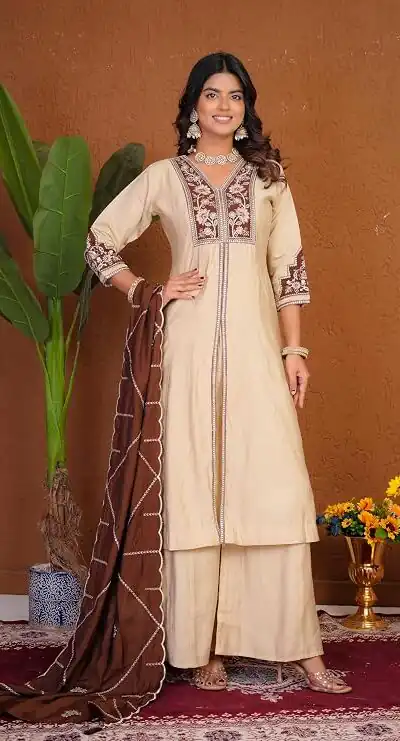 DIVA 152 Cream Color Roman Silk Salwar Suit with Embroidery Work. Available at ₹2399 only. Delivery 4-6 Working Days. Shop now. | Casual Suits, Jump Suits, Creative suits, Designer Suits, Palazzo Suits, Party Wear Suits, Patiala Suits, Salwar suit, Straight Suits