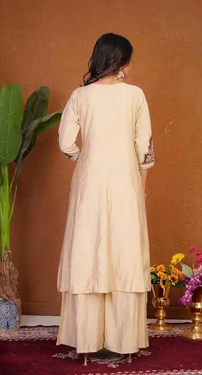 DIVA 152 Cream Color Roman Silk Salwar Suit with Embroidery Work. Available at ₹2399 only. Delivery 4-6 Working Days. Shop now. | Casual Suits, Jump Suits, Creative suits, Designer Suits, Palazzo Suits, Party Wear Suits, Patiala Suits, Salwar suit, Straight Suits