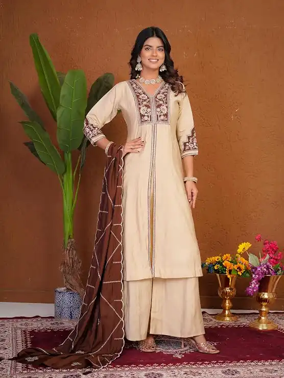DIVA 152 Cream Color Roman Silk Salwar Suit with Embroidery Work. Available at ₹2399 only. Delivery 4-6 Working Days. Shop now. | Casual Suits, Jump Suits, Creative suits, Designer Suits, Palazzo Suits, Party Wear Suits, Patiala Suits, Salwar suit, Straight Suits