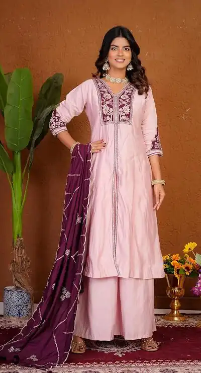 DIVA 152 Pink Color Roman Silk Salwar Suit with Embroidery Work. Available at ₹2399 only. Delivery 4-6 Working Days. Shop now. | Casual Suits, Jump Suits, Creative suits, Designer Suits, Palazzo Suits, Party Wear Suits, Patiala Suits, Salwar suit, Straight Suits