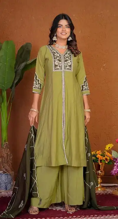 DIVA 152 Pista Color Roman Silk Salwar Suit with Embroidery Work. Available at ₹2399 only. Delivery 4-6 Working Days. Shop now. | Casual Suits, Jump Suits, Creative suits, Designer Suits, Palazzo Suits, Party Wear Suits, Patiala Suits, Salwar suit, Straight Suits