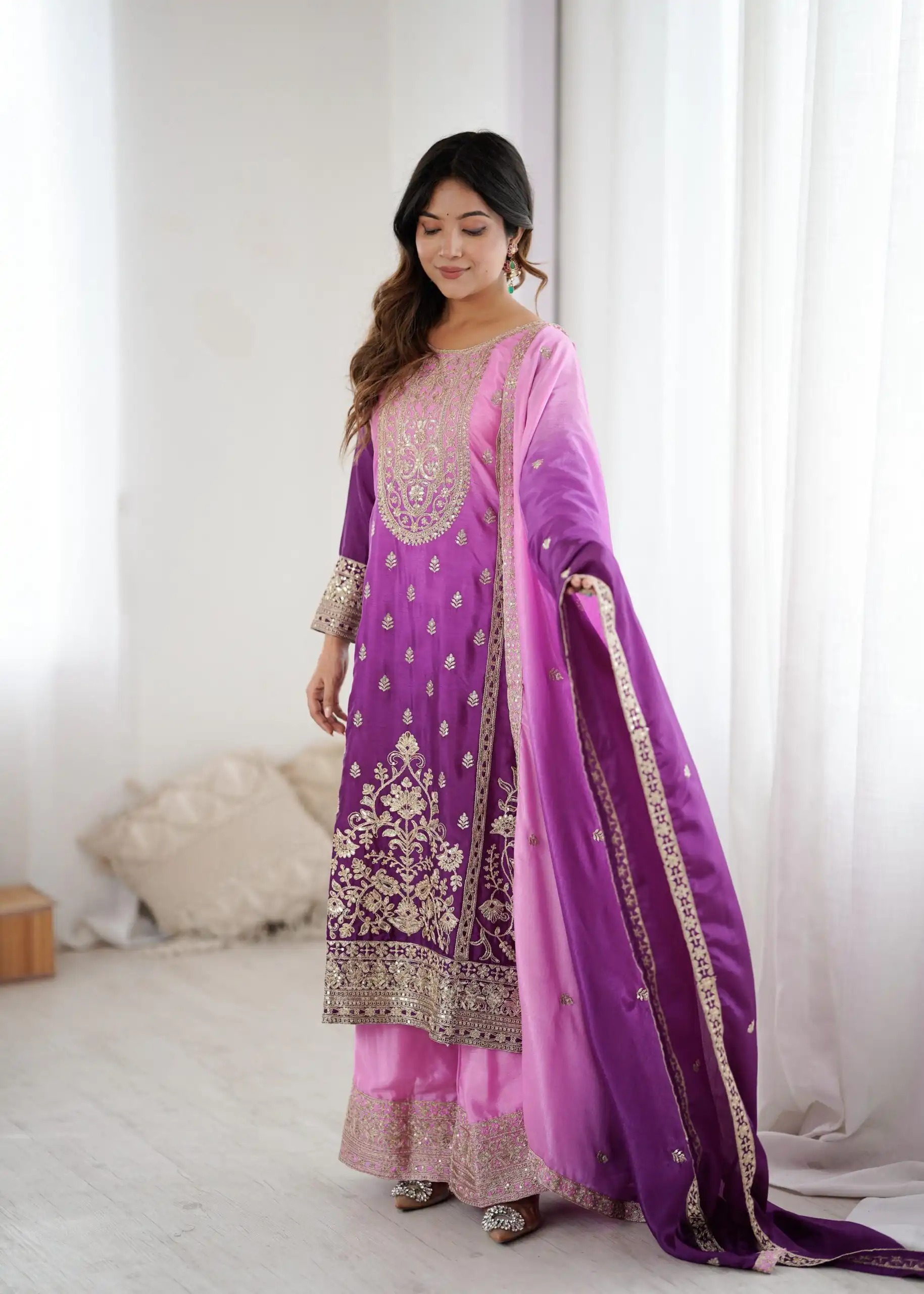 KD 1621 Purple Shaded Chinon silk Salwar Suit with Thread Embroidery. Festive Deal ₹2399. Delivery 4-6 Working Days. Shop now. | Casual Suits, Jump Suits, Creative suits, Designer Suits, Palazzo Suits, Party Wear Suits, Patiala Suits, Salwar suit, Straight Suits