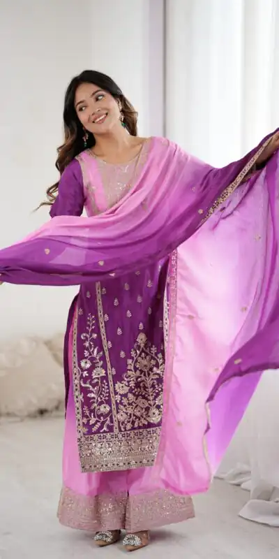 KD 1621 Purple Shaded Chinon silk Salwar Suit with Thread Embroidery. Festive Deal ₹2399. Delivery 4-6 Working Days. Shop now. | Casual Suits, Jump Suits, Creative suits, Designer Suits, Palazzo Suits, Party Wear Suits, Patiala Suits, Salwar suit, Straight Suits