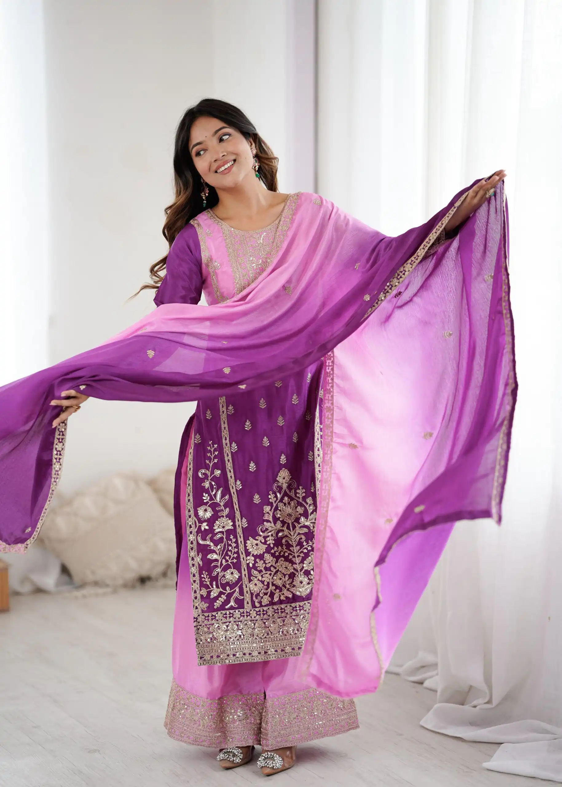KD 1621 Purple Shaded Chinon silk Salwar Suit with Thread Embroidery. Festive Deal ₹2399. Delivery 4-6 Working Days. Shop now. | Casual Suits, Jump Suits, Creative suits, Designer Suits, Palazzo Suits, Party Wear Suits, Patiala Suits, Salwar suit, Straight Suits