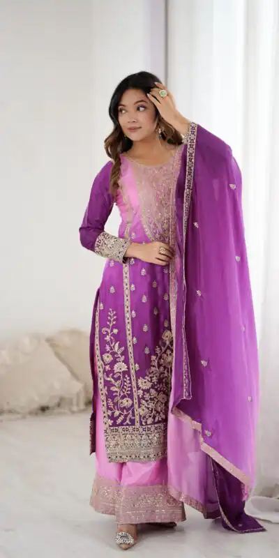 KD 1621 Purple Shaded Chinon silk Salwar Suit with Thread Embroidery. Festive Deal ₹2399. Delivery 4-6 Working Days. Shop now. | Casual Suits, Jump Suits, Creative suits, Designer Suits, Palazzo Suits, Party Wear Suits, Patiala Suits, Salwar suit, Straight Suits