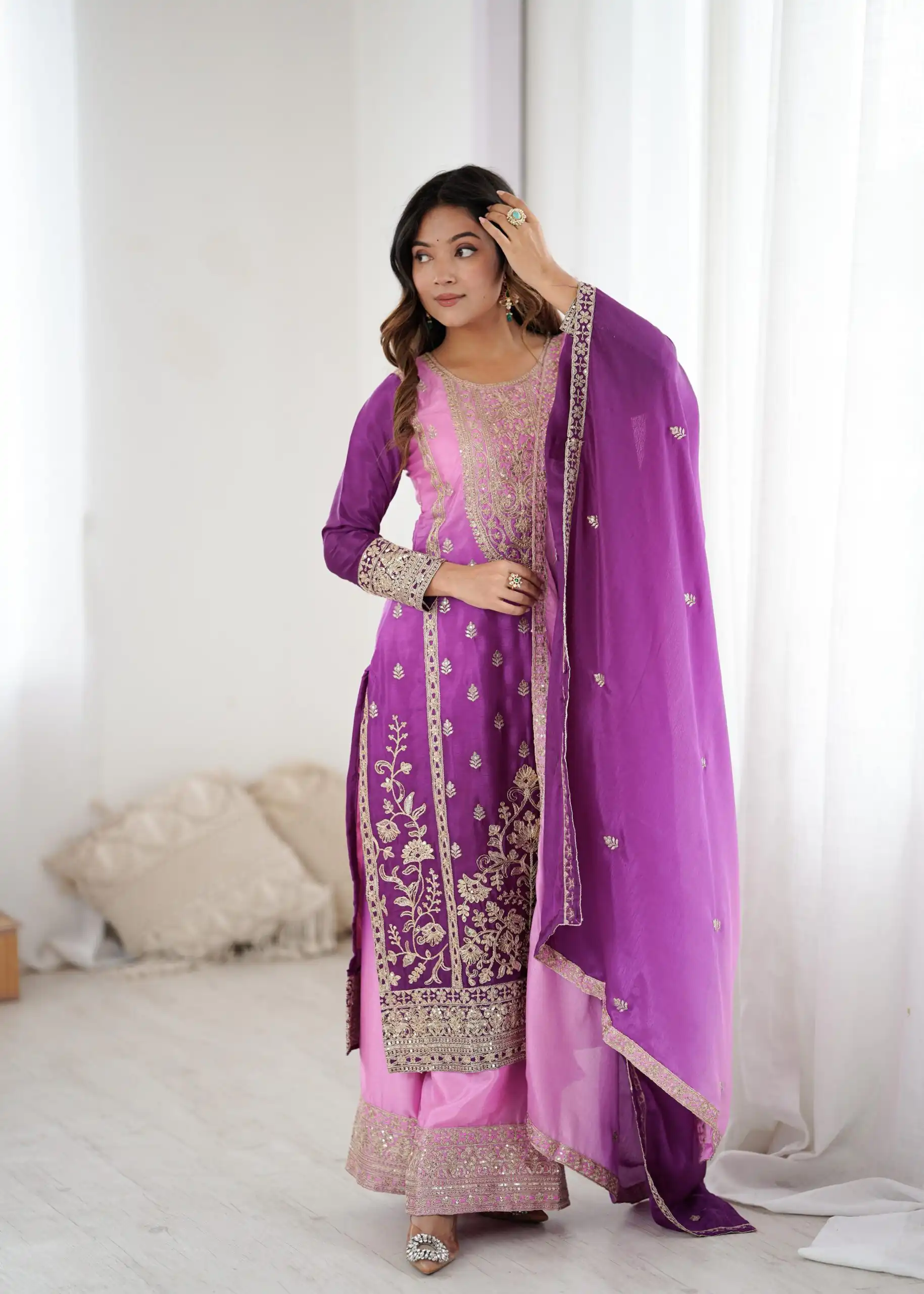 KD 1621 Purple Shaded Chinon silk Salwar Suit with Thread Embroidery. Festive Deal ₹2399. Delivery 4-6 Working Days. Shop now. | Casual Suits, Jump Suits, Creative suits, Designer Suits, Palazzo Suits, Party Wear Suits, Patiala Suits, Salwar suit, Straight Suits