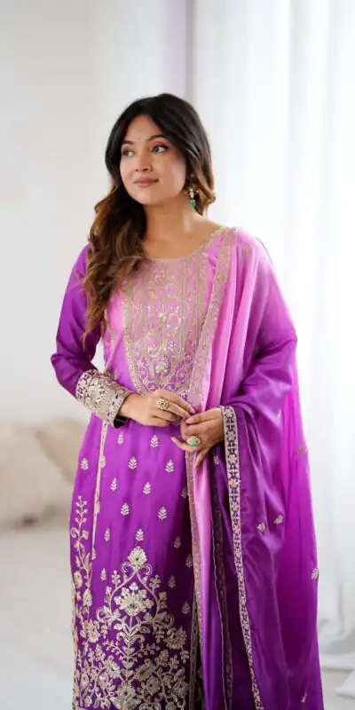 KD 1621 Purple Shaded Chinon silk Salwar Suit with Thread Embroidery. Festive Deal ₹2399. Delivery 4-6 Working Days. Shop now. | Casual Suits, Jump Suits, Creative suits, Designer Suits, Palazzo Suits, Party Wear Suits, Patiala Suits, Salwar suit, Straight Suits
