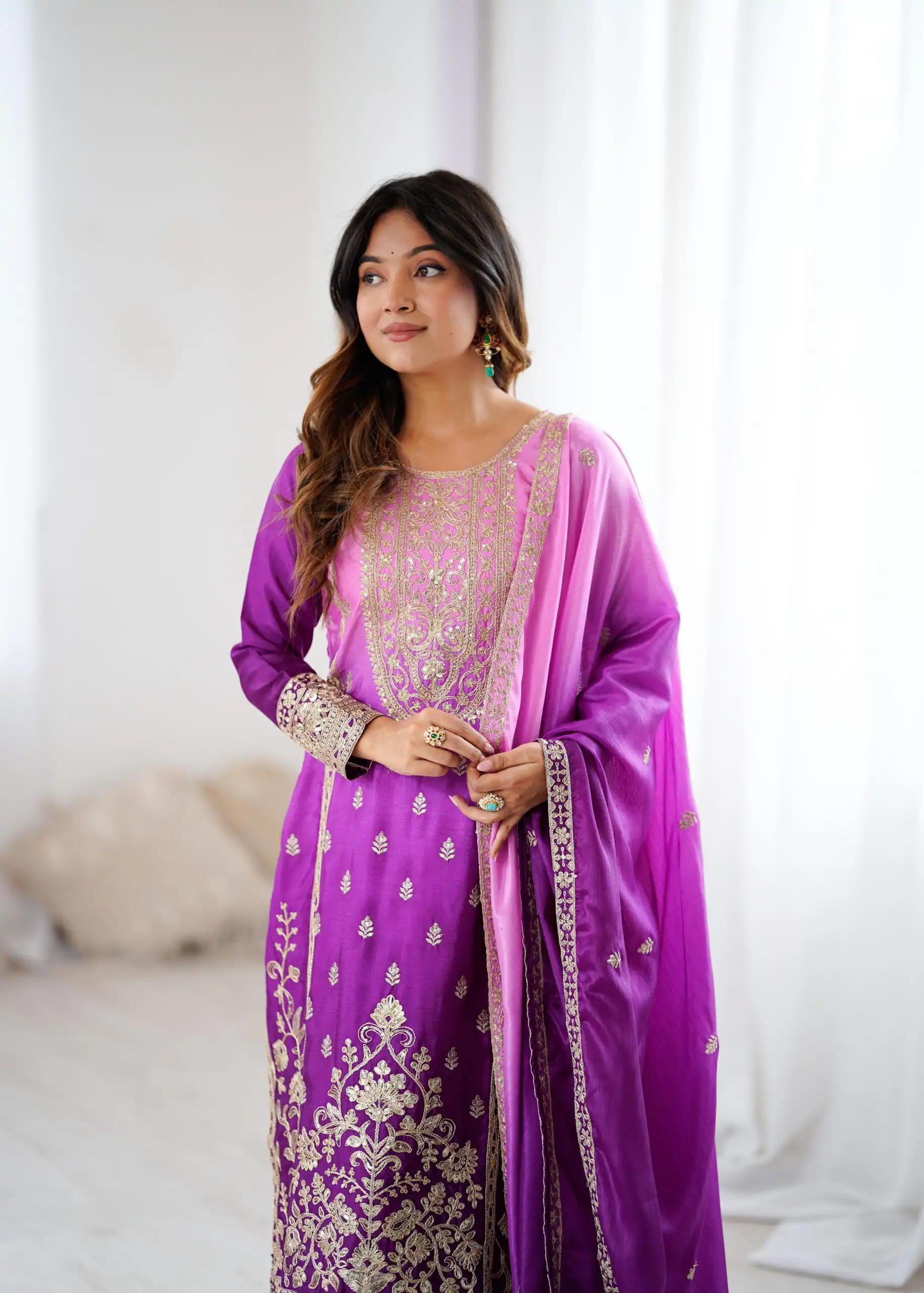 KD 1621 Purple Shaded Chinon silk Salwar Suit with Thread Embroidery. Festive Deal ₹2399. Delivery 4-6 Working Days. Shop now. | Casual Suits, Jump Suits, Creative suits, Designer Suits, Palazzo Suits, Party Wear Suits, Patiala Suits, Salwar suit, Straight Suits