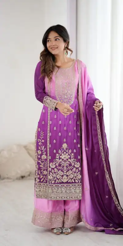 KD 1621 Purple Shaded Chinon silk Salwar Suit with Thread Embroidery. Festive Deal ₹2399. Delivery 4-6 Working Days. Shop now. | Casual Suits, Jump Suits, Creative suits, Designer Suits, Palazzo Suits, Party Wear Suits, Patiala Suits, Salwar suit, Straight Suits