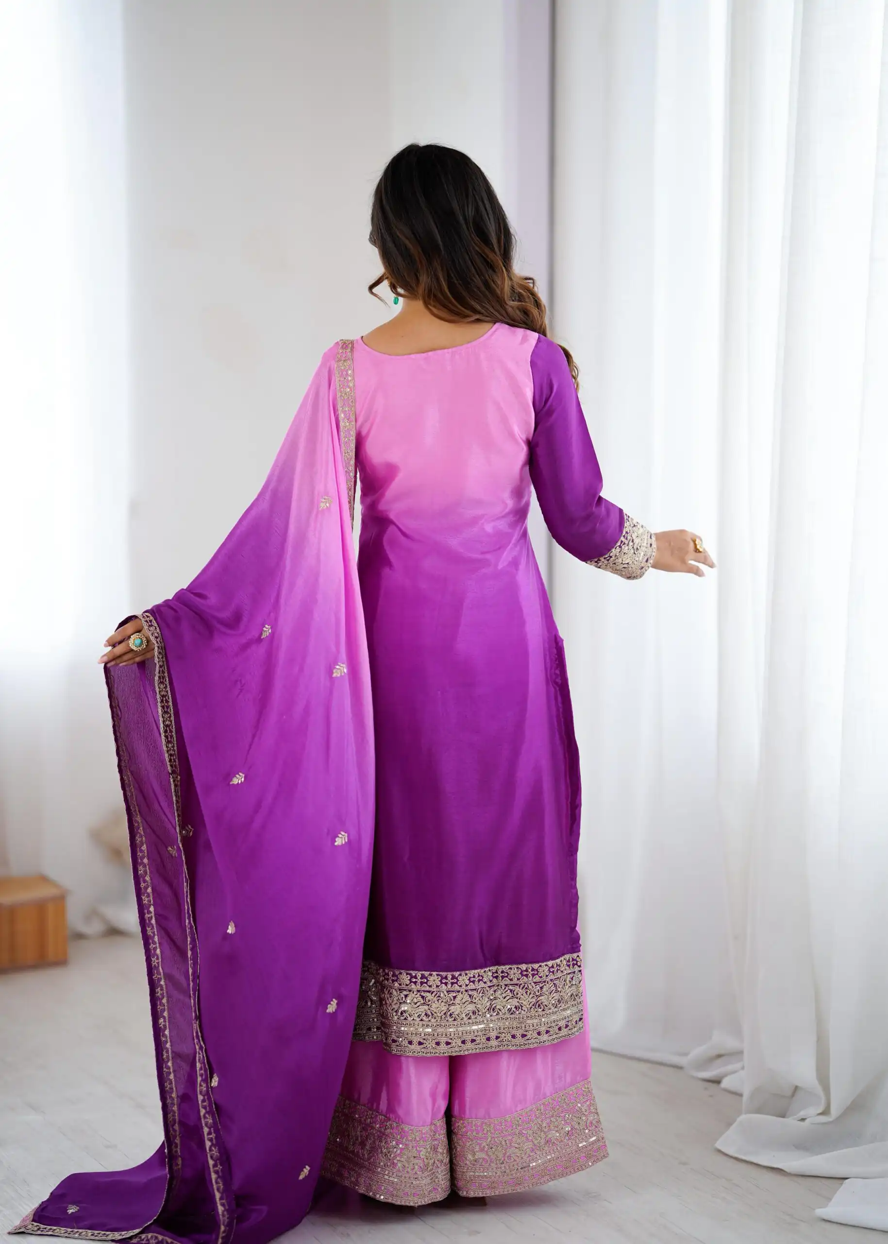 KD 1621 Purple Shaded Chinon silk Salwar Suit with Thread Embroidery. Festive Deal ₹2399. Delivery 4-6 Working Days. Shop now. | Casual Suits, Jump Suits, Creative suits, Designer Suits, Palazzo Suits, Party Wear Suits, Patiala Suits, Salwar suit, Straight Suits