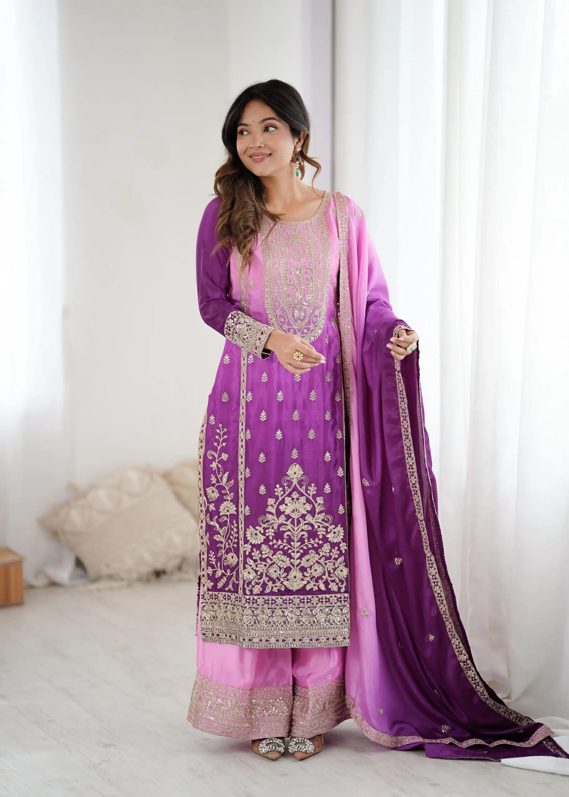 KD 1621 Purple Shaded Chinon silk Salwar Suit with Thread Embroidery. Festive Deal ₹2399. Delivery 4-6 Working Days. Shop now. | Casual Suits, Jump Suits, Creative suits, Designer Suits, Palazzo Suits, Party Wear Suits, Patiala Suits, Salwar suit, Straight Suits