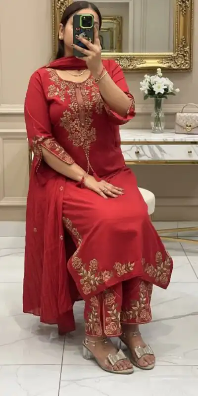 BE 473 Red Color Roman Silk Salwar Suit with Embroidery Work. Available at ₹1999 only. Delivery 4-6 Working Days. Shop now. | Casual Suits, Jump Suits, Creative suits, Designer Suits, Palazzo Suits, Party Wear Suits, Patiala Suits, Salwar suit, Straight Suits
