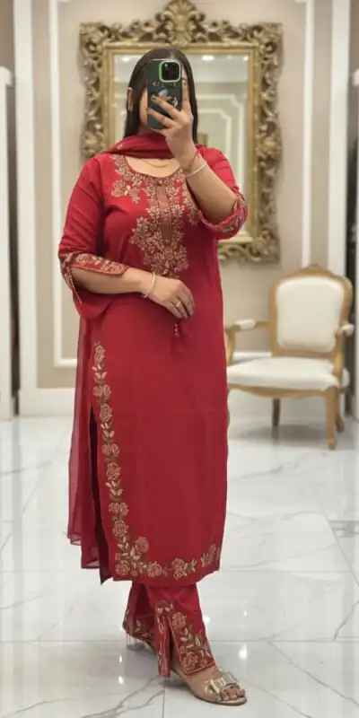 BE 473 Red Color Roman Silk Salwar Suit with Embroidery Work. Available at ₹1999 only. Delivery 4-6 Working Days. Shop now. | Casual Suits, Jump Suits, Creative suits, Designer Suits, Palazzo Suits, Party Wear Suits, Patiala Suits, Salwar suit, Straight Suits