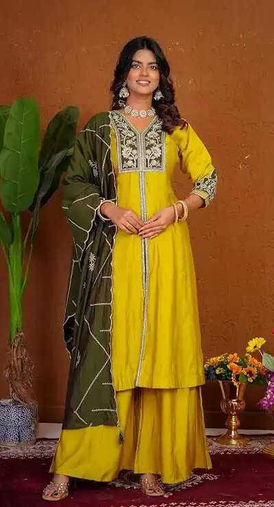 DIVA 152 Yellow Color Roman Silk Salwar Suit with Embroidery Work. Available at ₹2399 only. Delivery 4-6 Working Days. Shop now. | Casual Suits, Jump Suits, Creative suits, Designer Suits, Palazzo Suits, Party Wear Suits, Patiala Suits, Salwar suit, Straight Suits