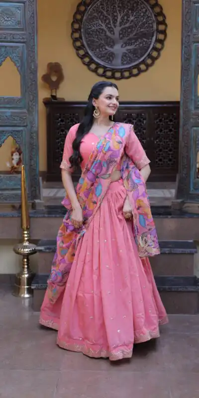 KA 5069 Peach Cosmos Silk Lehenga Choli with Zari & Embroidery Work. Introductory Price ₹2499. Delivery 4-6 Working Days. Shop now. | Bollywood Lehenga, Creative Lehenga, Designer Lehenga, Embroidered Lehenga, Lehenga, Party Wear Lehenga
