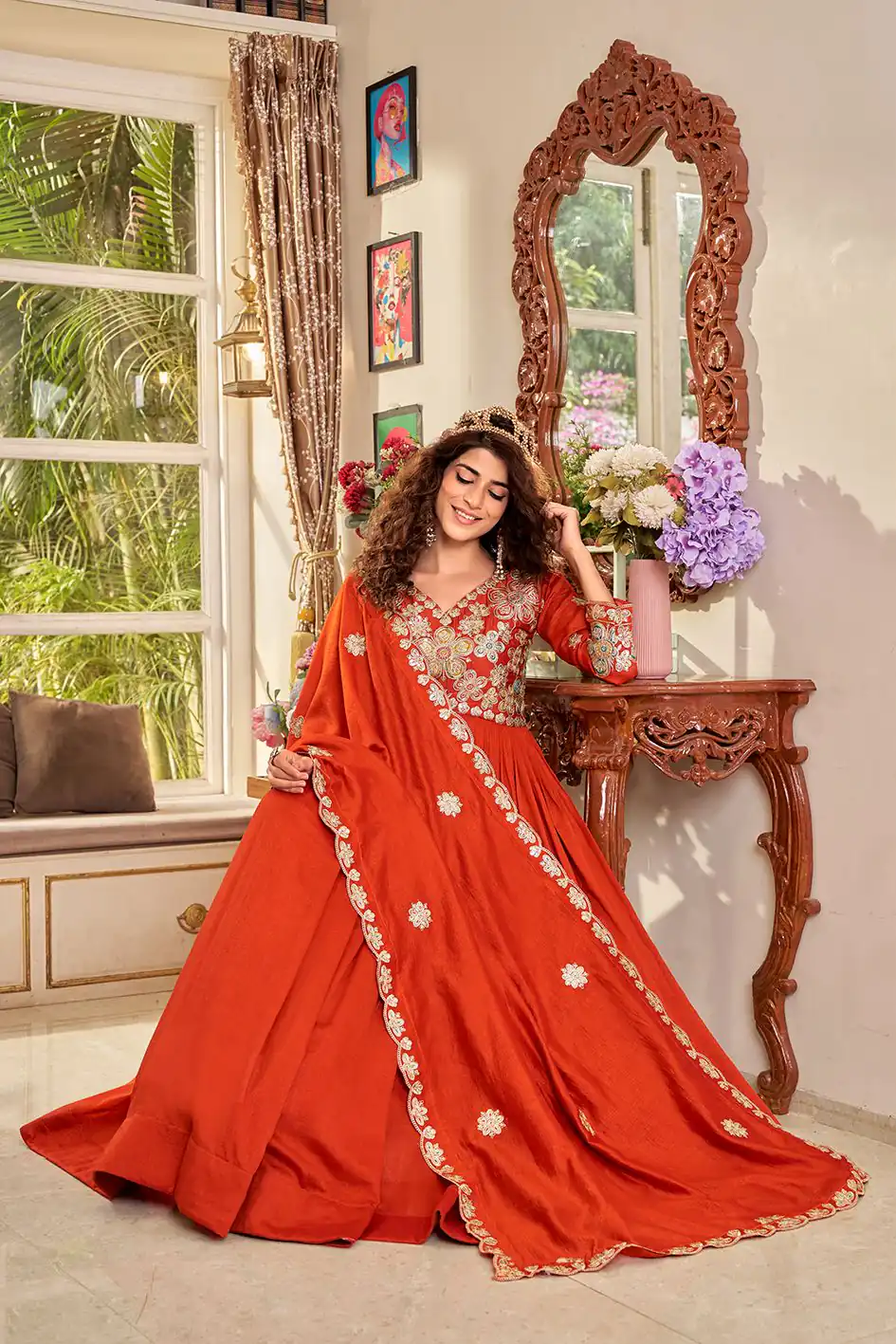 Ram 176 Orange Vichitra Silk Gown Perfect for Wedding, Party, Holi, Anniversary, Mehendi –. Grab it for ₹2049. Delivery 4-6 Working Days. Shop now. | Bollywood Gowns, Creative Gowns, Designer Gowns, Embroidered Gowns, Gowns, Party Wear Gowns