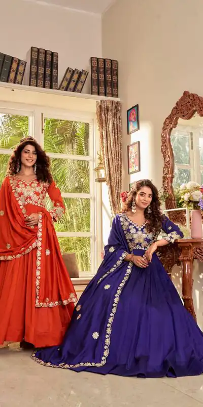 Ram 176 Orange Vichitra Silk Gown Perfect for Wedding, Party, Holi, Anniversary, Mehendi –. Grab it for ₹2049. Delivery 4-6 Working Days. Shop now. | Bollywood Gowns, Creative Gowns, Designer Gowns, Embroidered Gowns, Gowns, Party Wear Gowns