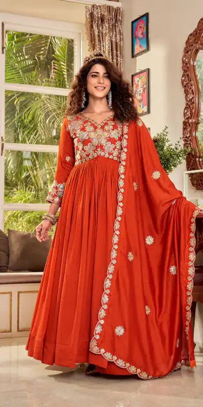 Ram 176 Orange Vichitra Silk Gown Perfect for Wedding, Party, Holi, Anniversary, Mehendi –. Grab it for ₹2049. Delivery 4-6 Working Days. Shop now. | Bollywood Gowns, Creative Gowns, Designer Gowns, Embroidered Gowns, Gowns, Party Wear Gowns