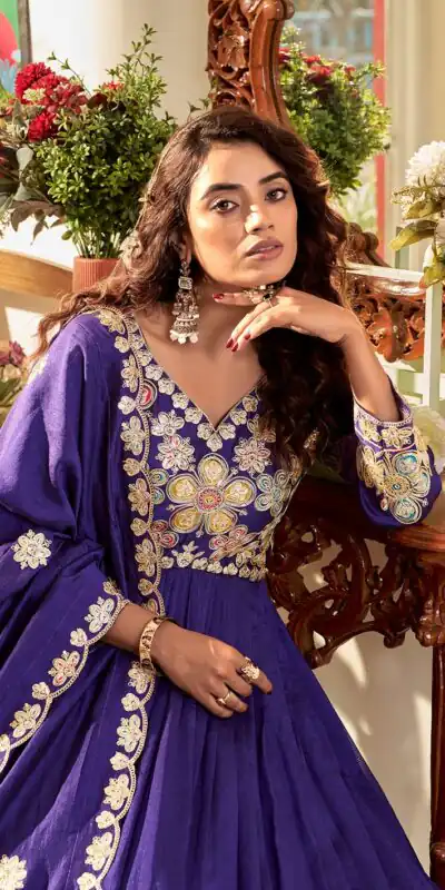 Ram 176 Purple Vichitra Silk Gown Perfect for Wedding, Party, Holi, Anniversary, Mehendi –. Grab it for ₹2049. Delivery 4-6 Working Days. Shop now. | Bollywood Gowns, Creative Gowns, Designer Gowns, Embroidered Gowns, Gowns, Party Wear Gowns