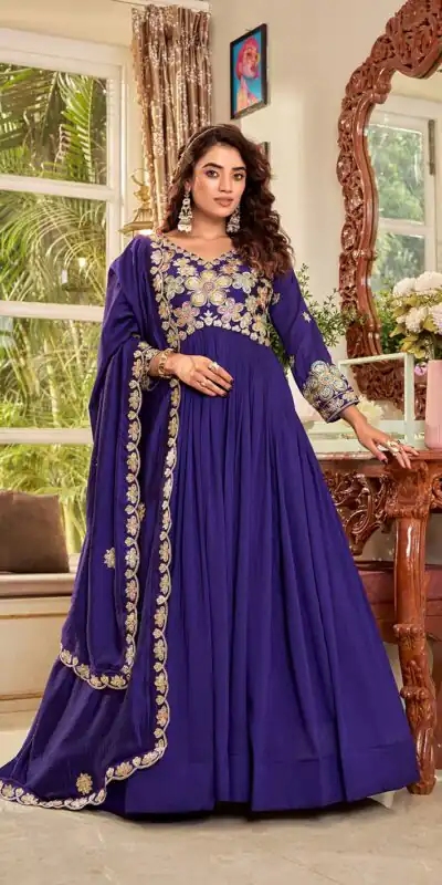 Ram 176 Purple Vichitra Silk Gown Perfect for Wedding, Party, Holi, Anniversary, Mehendi –. Grab it for ₹2049. Delivery 4-6 Working Days. Shop now. | Bollywood Gowns, Creative Gowns, Designer Gowns, Embroidered Gowns, Gowns, Party Wear Gowns
