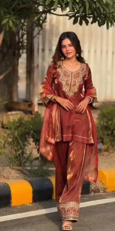 NF 1285 Rust Fandy Silk Salwar Suit with Lace Work & Embroidery Work. Introductory Price ₹2149. Delivery 4-6 Working Days. Shop now. | Casual Suits, Jump Suits, Creative suits, Designer Suits, Palazzo Suits, Party Wear Suits, Patiala Suits, Salwar suit, Straight Suits