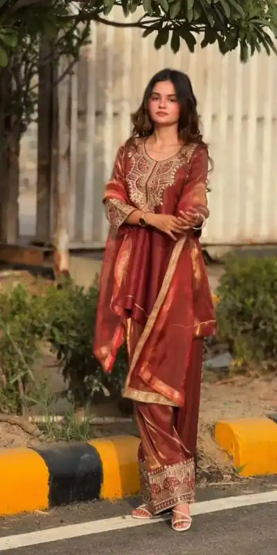 NF 1285 Rust Fandy Silk Salwar Suit with Lace Work & Embroidery Work. Introductory Price ₹2149. Delivery 4-6 Working Days. Shop now. | Casual Suits, Jump Suits, Creative suits, Designer Suits, Palazzo Suits, Party Wear Suits, Patiala Suits, Salwar suit, Straight Suits