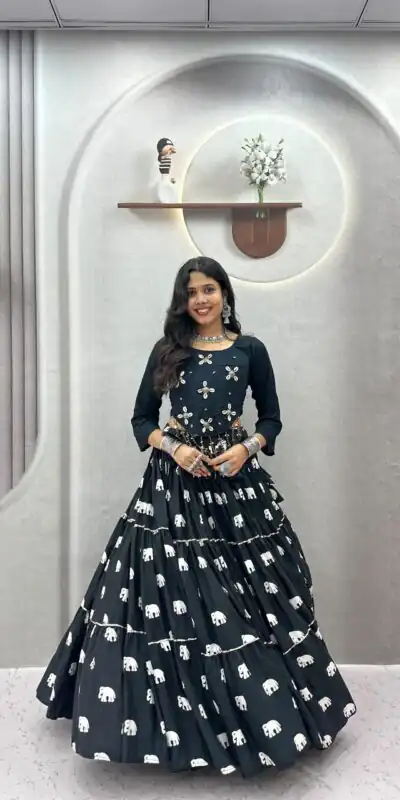 Ram 181 Black Color Pure Cotton Lehenga Choli with Cowrie Work. Festive Deal ₹2649. Delivery 4-6 Working Days. Online Shop now. | Bollywood Lehenga, Creative Lehenga, Designer Lehenga, Embroidered Lehenga, Lehenga, Party Wear Lehenga