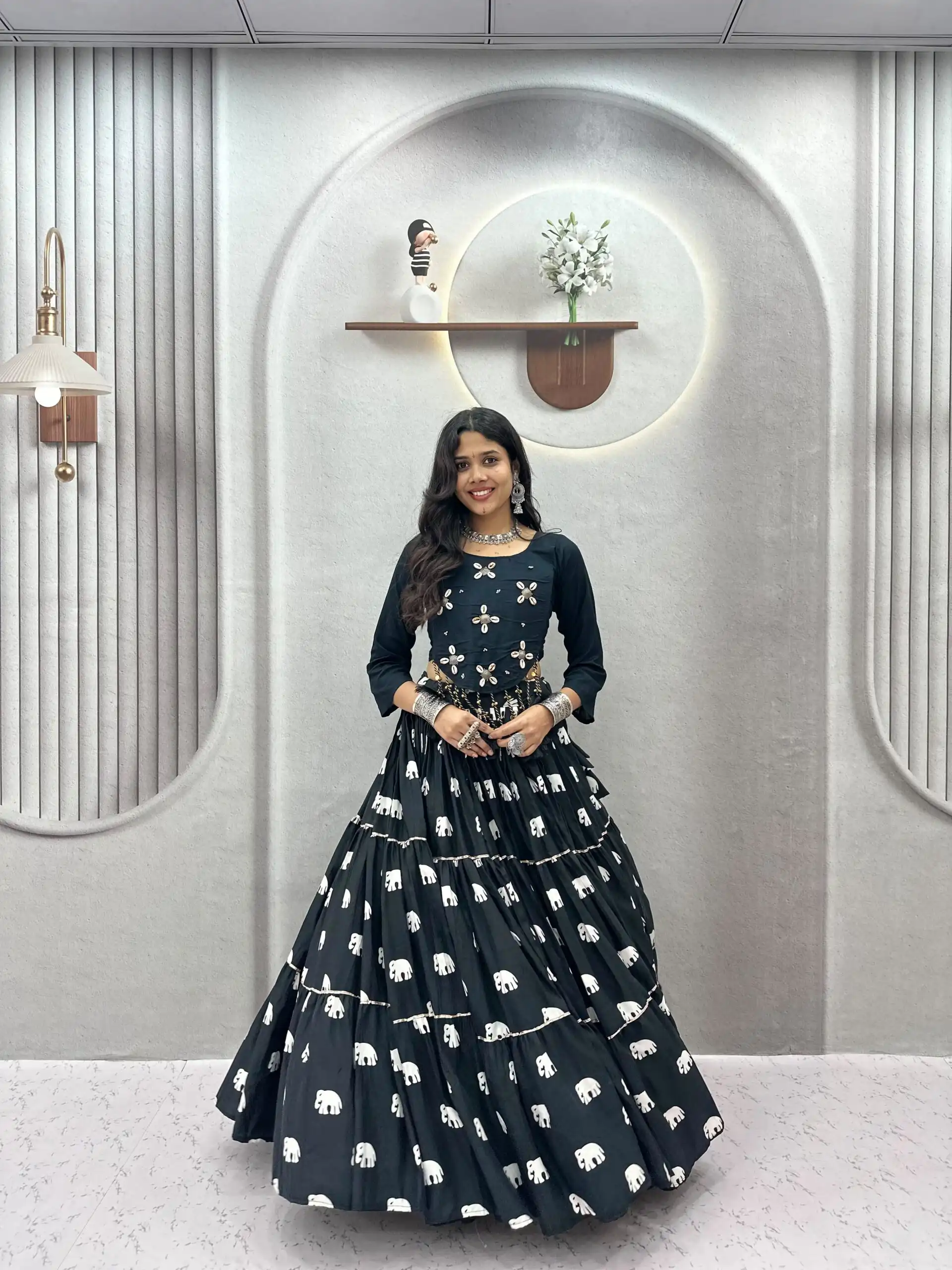 Ram 181 Black Color Pure Cotton Lehenga Choli with Cowrie Work. Festive Deal ₹2649. Delivery 4-6 Working Days. Online Shop now. | Bollywood Lehenga, Creative Lehenga, Designer Lehenga, Embroidered Lehenga, Lehenga, Party Wear Lehenga