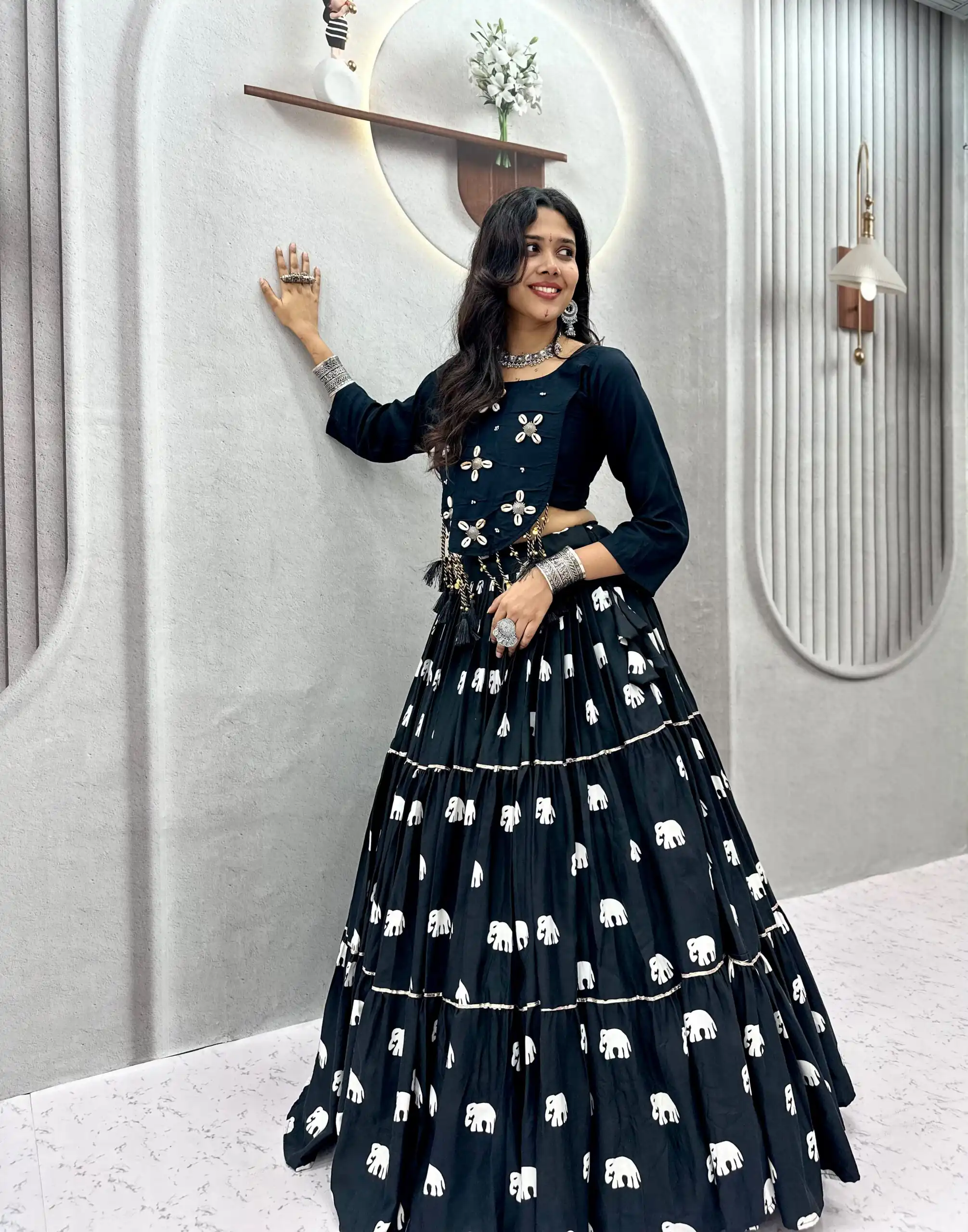 Ram 181 Black Color Pure Cotton Lehenga Choli with Cowrie Work. Festive Deal ₹2649. Delivery 4-6 Working Days. Online Shop now. | Bollywood Lehenga, Creative Lehenga, Designer Lehenga, Embroidered Lehenga, Lehenga, Party Wear Lehenga