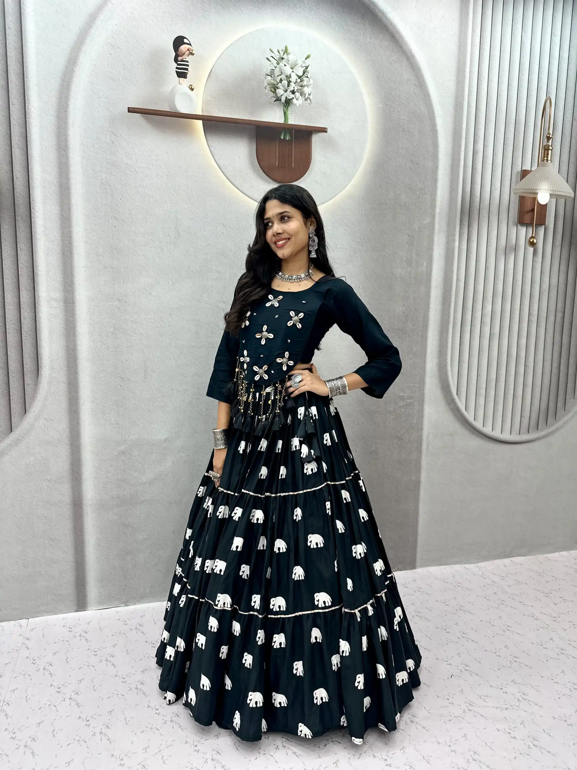 Ram 181 Black Color Pure Cotton Lehenga Choli with Cowrie Work. Festive Deal ₹2649. Delivery 4-6 Working Days. Online Shop now. | Bollywood Lehenga, Creative Lehenga, Designer Lehenga, Embroidered Lehenga, Lehenga, Party Wear Lehenga