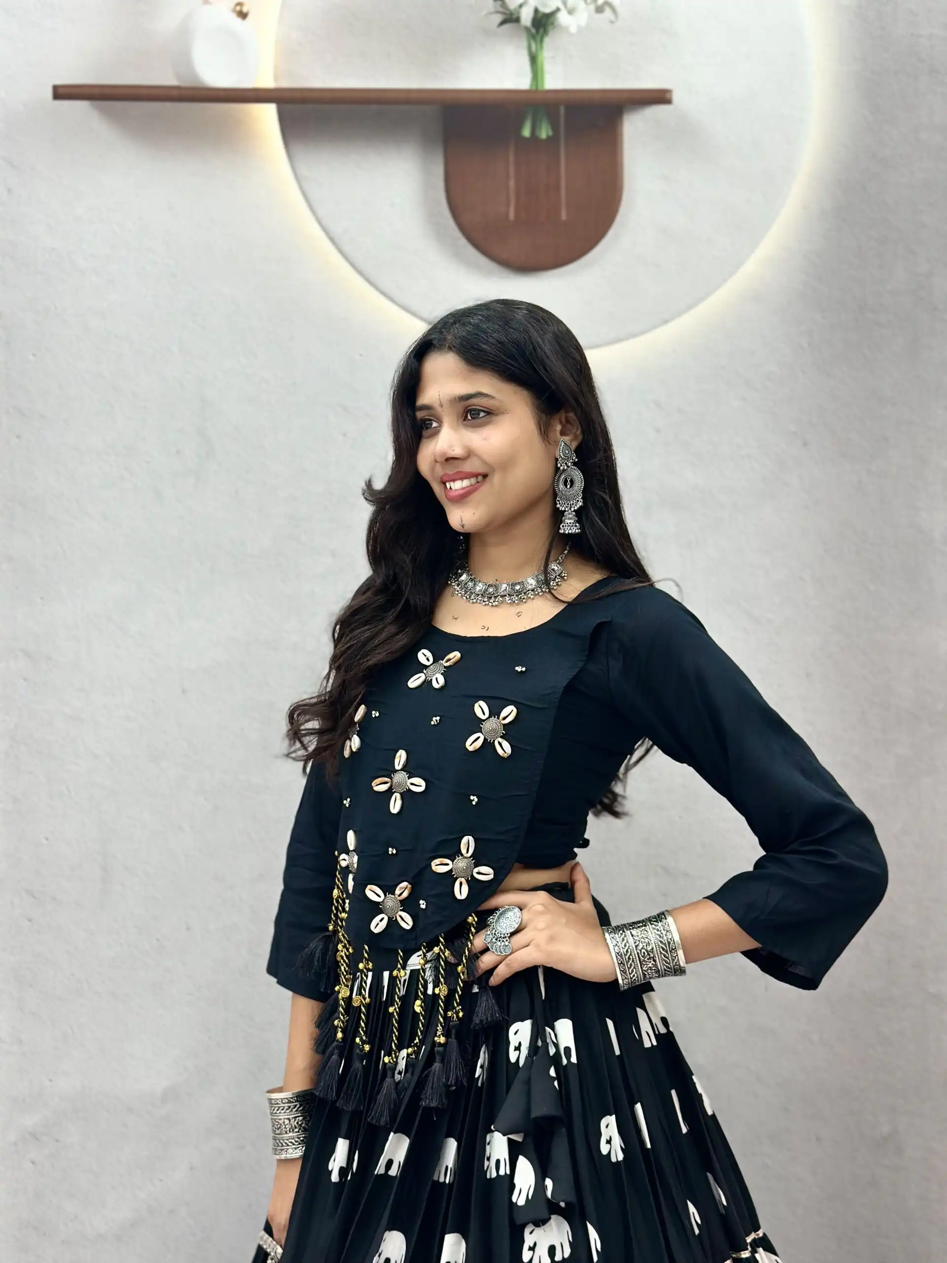 Ram 181 Black Color Pure Cotton Lehenga Choli with Cowrie Work. Festive Deal ₹2649. Delivery 4-6 Working Days. Online Shop now. | Bollywood Lehenga, Creative Lehenga, Designer Lehenga, Embroidered Lehenga, Lehenga, Party Wear Lehenga