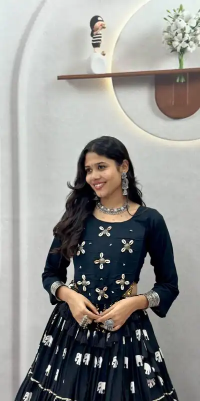 Ram 181 Black Color Pure Cotton Lehenga Choli with Cowrie Work. Festive Deal ₹2649. Delivery 4-6 Working Days. Online Shop now. | Bollywood Lehenga, Creative Lehenga, Designer Lehenga, Embroidered Lehenga, Lehenga, Party Wear Lehenga