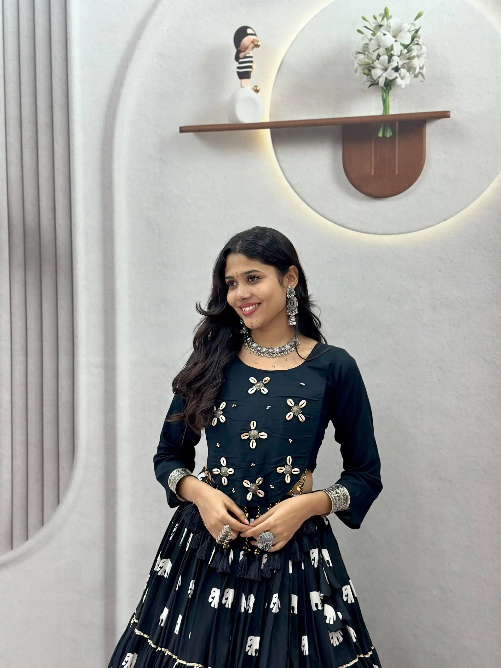 Ram 181 Black Color Pure Cotton Lehenga Choli with Cowrie Work. Festive Deal ₹2649. Delivery 4-6 Working Days. Online Shop now. | Bollywood Lehenga, Creative Lehenga, Designer Lehenga, Embroidered Lehenga, Lehenga, Party Wear Lehenga