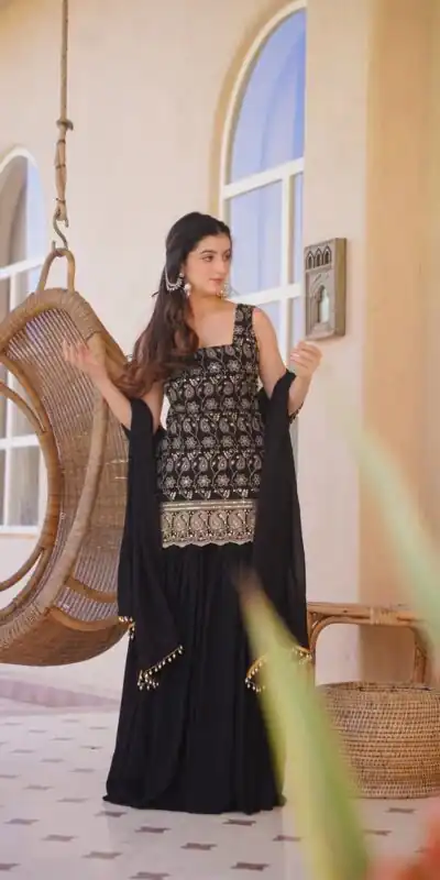 MD 3093 Black Blooming Faux Georgette Salwar Suit Perfect for Wedding, Party, Makar Sankranti, Baby Shower, Traditional Day – . Special Price ₹2149. Deliv | Casual Suits, Jump Suits, Creative suits, Designer Suits, Palazzo Suits, Party Wear Suits, Patiala Suits, Salwar suit, Straight Suits
