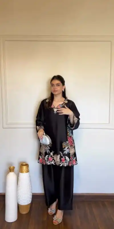 KD 1618 Black Rayon Satin Salwar Suit with Thread Embroidery. Affordable Price ₹1999. Delivery 4-6 Working Days. Shop now. | Casual Suits, Jump Suits, Creative suits, Designer Suits, Palazzo Suits, Party Wear Suits, Patiala Suits, Salwar suit, Straight Suits
