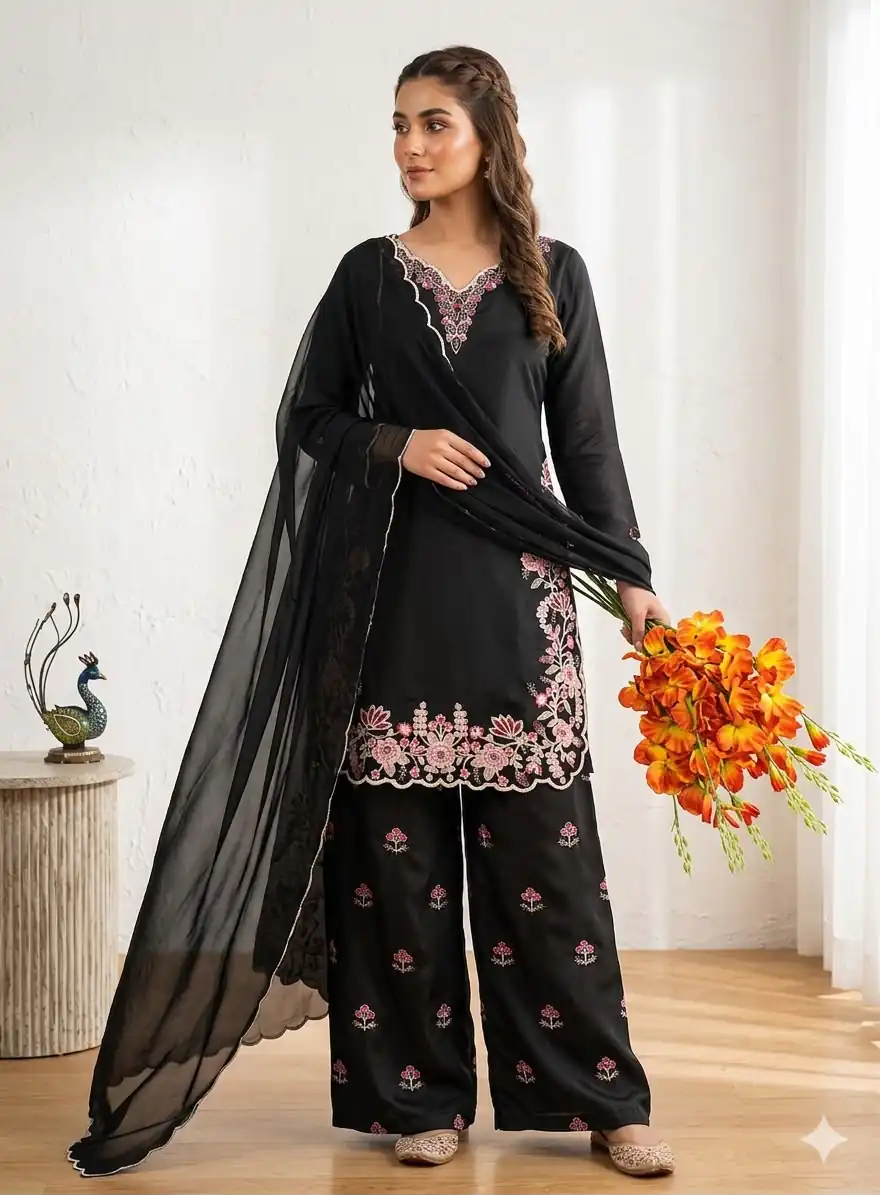 VLM 340 Black Franch Crape Salwar Suit Perfect for Wedding, Party, Sangeet, Makar Sankranti, Baby Shower . Grab it for ₹2099. Delivery 4-6 Working Days | Casual Suits, Jump Suits, Creative suits, Designer Suits, Palazzo Suits, Party Wear Suits, Patiala Suits, Salwar suit, Straight Suits