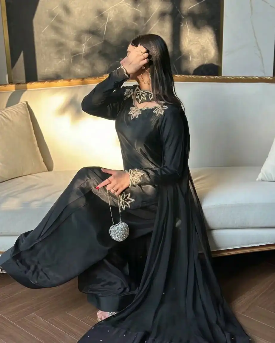 NF 1270 Black Natural Crep Salwar Suit Brown with Embroidery Work. Exclusive Offer ₹1899. Delivery 4-6 Working Days. Shop now. | Casual Suits, Jump Suits, Creative suits, Designer Suits, Palazzo Suits, Party Wear Suits, Patiala Suits, Salwar suit, Straight Suits