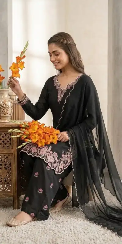 ND 5067 Black Vichitra Silk Salwar Suit with Embroidery Work. Wedding, Party, Festive, Events, Grab it for ₹2399. Delivery 4-6 Working Days. Shop now. | Casual Suits, Jump Suits, Creative suits, Designer Suits, Palazzo Suits, Party Wear Suits, Patiala Suits, Salwar suit, Straight Suits