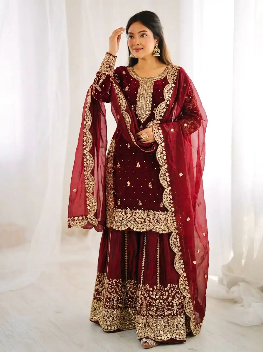 ZSR 3167 Maroon Fendy Silk Salwar Suitwith Embroidery Work & Lace Work. Now at just ₹2149. Delivery 4-6 Working Days. Shop now. | Casual Suits, Jump Suits, Creative suits, Designer Suits, Palazzo Suits, Party Wear Suits, Patiala Suits, Salwar suit, Straight Suits