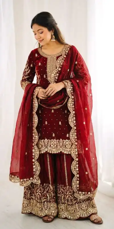 ZSR 3167 Maroon Fendy Silk Salwar Suitwith Embroidery Work & Lace Work. Now at just ₹2149. Delivery 4-6 Working Days. Shop now. | Casual Suits, Jump Suits, Creative suits, Designer Suits, Palazzo Suits, Party Wear Suits, Patiala Suits, Salwar suit, Straight Suits