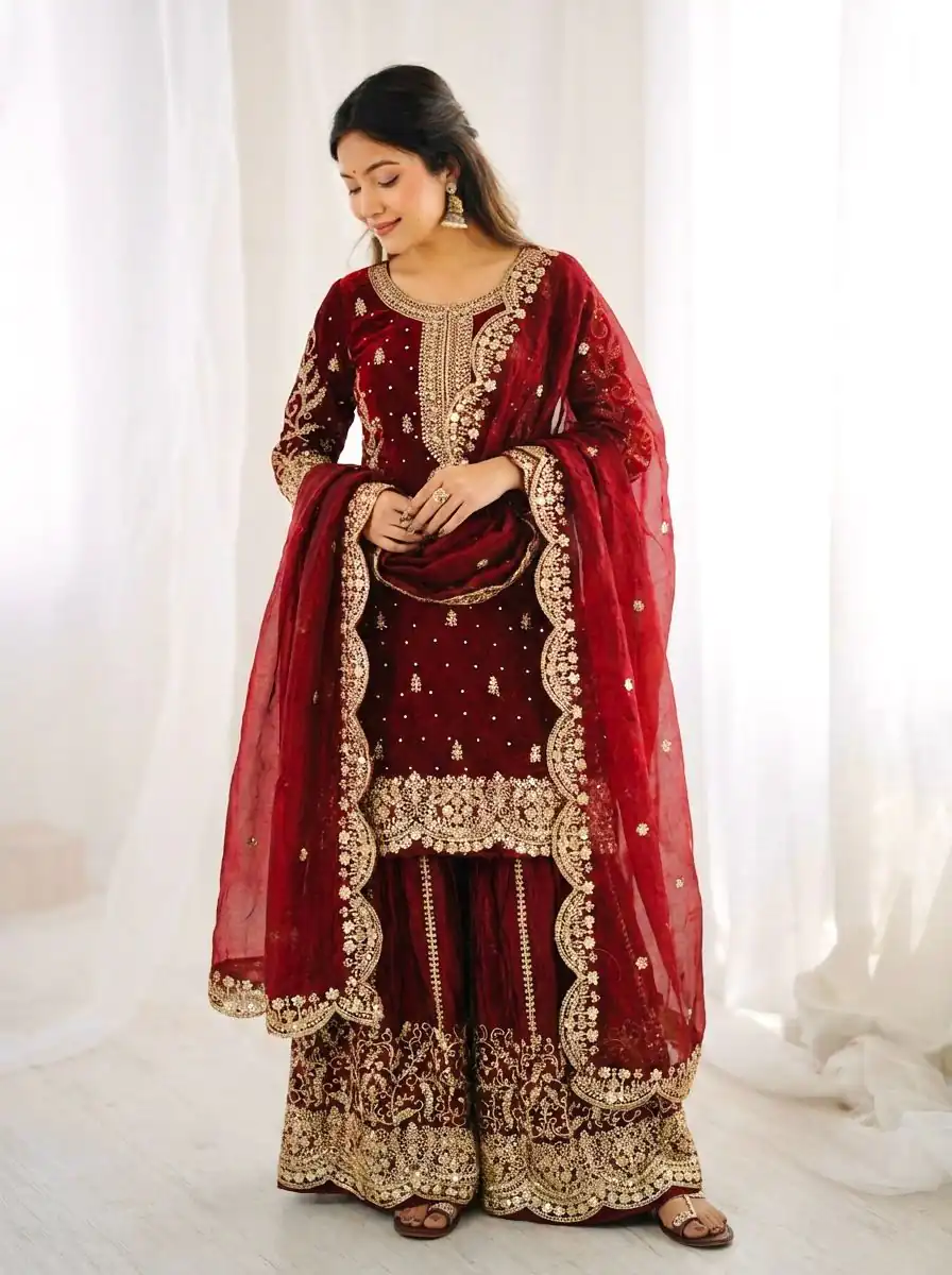 ZSR 3167 Maroon Fendy Silk Salwar Suitwith Embroidery Work & Lace Work. Now at just ₹2149. Delivery 4-6 Working Days. Shop now. | Casual Suits, Jump Suits, Creative suits, Designer Suits, Palazzo Suits, Party Wear Suits, Patiala Suits, Salwar suit, Straight Suits