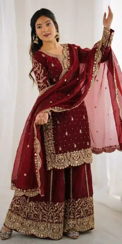 ZSR 3167 Maroon Fendy Silk Salwar Suitwith Embroidery Work & Lace Work. Now at just ₹2149. Delivery 4-6 Working Days. Shop now. | Casual Suits, Jump Suits, Creative suits, Designer Suits, Palazzo Suits, Party Wear Suits, Patiala Suits, Salwar suit, Straight Suits